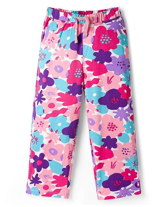 Pine Kids Single Jersey Knit Half Sleeves Night Suit With Floral Print - Pink & White