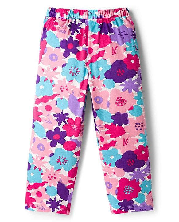 Pine Kids Single Jersey Knit Half Sleeves Night Suit With Floral Print - Pink & White