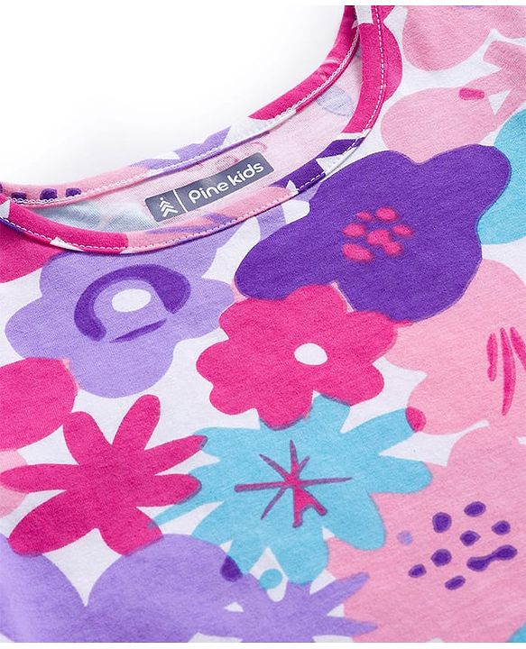 Pine Kids Single Jersey Knit Half Sleeves Night Suit With Floral Print - Pink & White