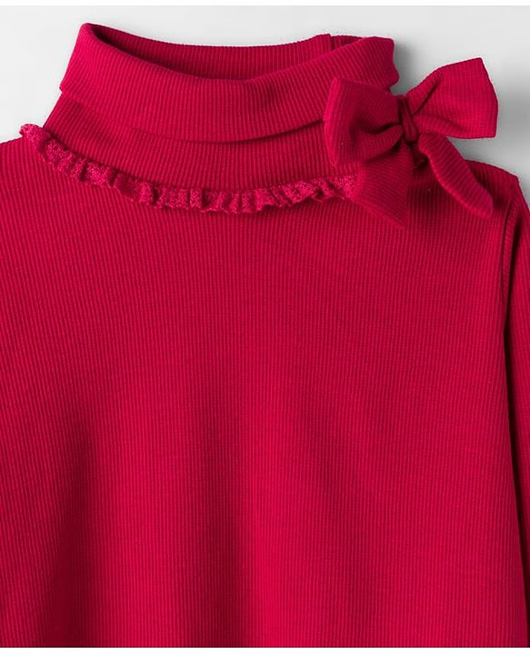 Babyhug Cotton Elastane Knit Full Sleeves Turtle Neck Winter T-Shirt with Bow Applique - Dark Red