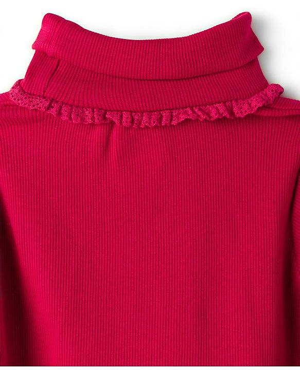 Babyhug Cotton Elastane Knit Full Sleeves Turtle Neck Winter T-Shirt with Bow Applique - Dark Red