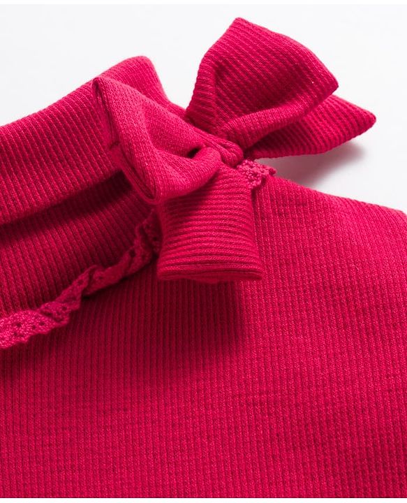 Babyhug Cotton Elastane Knit Full Sleeves Turtle Neck Winter T-Shirt with Bow Applique - Dark Red