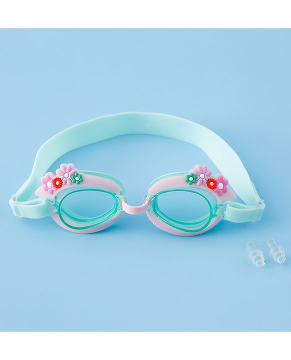 Babyhug Free Size Swimming Goggles With Floral Applique - Pink & Sea Green