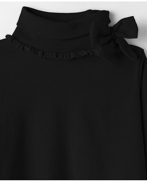 Babyhug Cotton Elastane Knit Full Sleeves Turtle Neck Winter T-Shirt with Bow Applique - Black
