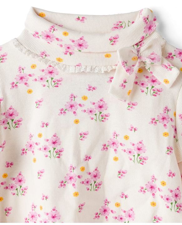 Babyhug Cotton Elastane Knit Full Sleeves Turtle Neck Winter T-Shirt With Floral Print & Bow Applique - White