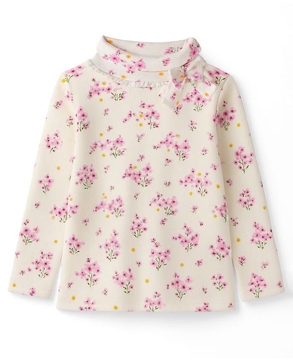 Babyhug Cotton Elastane Knit Full Sleeves Turtle Neck Winter T-Shirt With Floral Print & Bow Applique - White