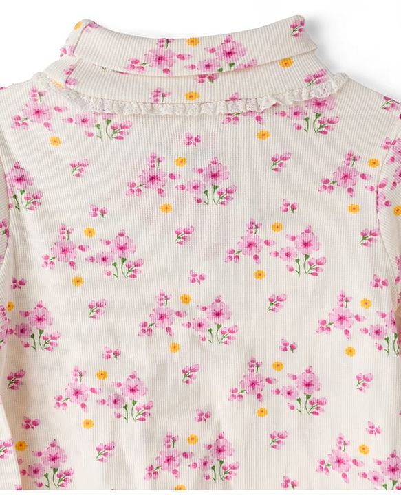 Babyhug Cotton Elastane Knit Full Sleeves Turtle Neck Winter T-Shirt With Floral Print & Bow Applique - White