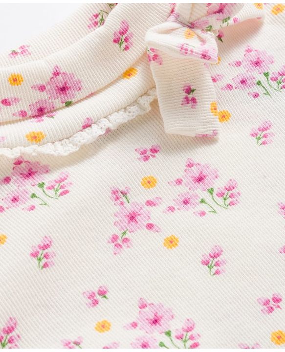 Babyhug Cotton Elastane Knit Full Sleeves Turtle Neck Winter T-Shirt With Floral Print & Bow Applique - White