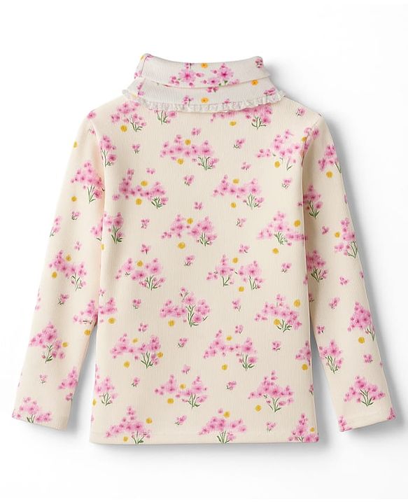 Babyhug Cotton Elastane Knit Full Sleeves Turtle Neck Winter T-Shirt With Floral Print & Bow Applique - White