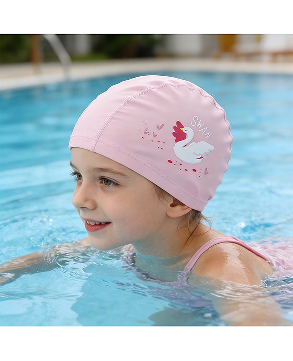 Babyhug Swimming Cap With Swan Print - Pink