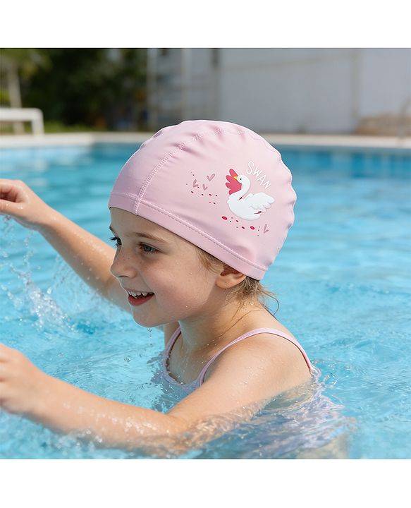 Babyhug Swimming Cap With Swan Print - Pink