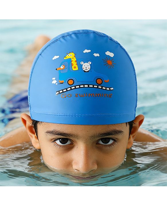 Babyhug Swimming Cap With Car & Animal Print - Blue