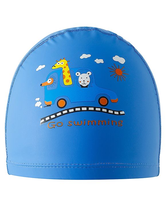 Babyhug Swimming Cap With Car & Animal Print - Blue