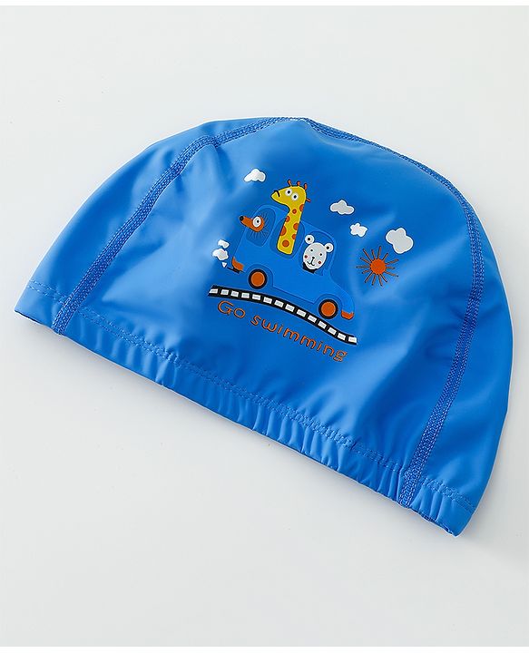 Babyhug Swimming Cap With Car & Animal Print - Blue