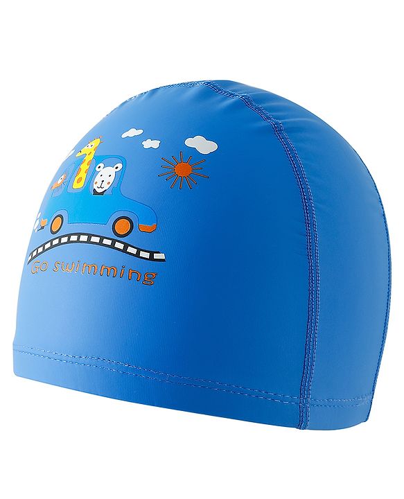 Babyhug Swimming Cap With Car & Animal Print - Blue