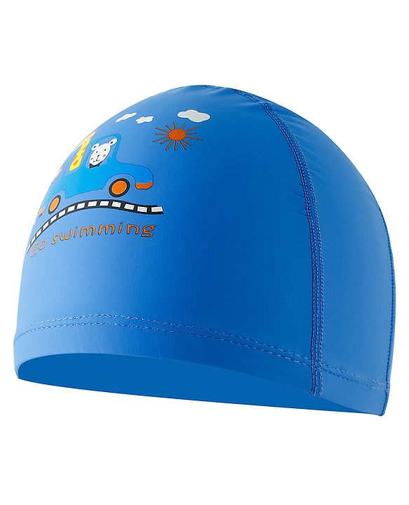 Babyhug Swimming Cap With Car & Animal Print - Blue