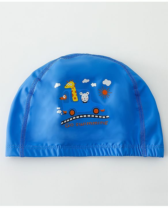 Babyhug Swimming Cap With Car & Animal Print - Blue