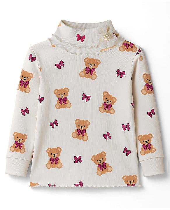 Babyhug Knitted Full Sleeves Turtle Neck Winter T-Shirt With Teddy Bear Print - Beige