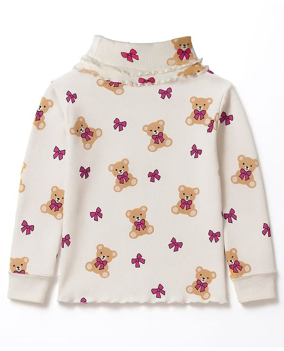 Babyhug Knitted Full Sleeves Turtle Neck Winter T-Shirt With Teddy Bear Print - Beige