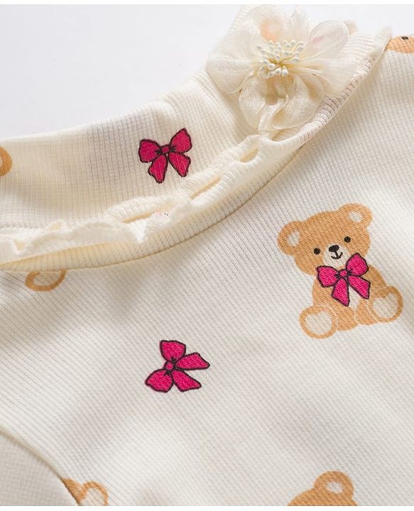 Babyhug Knitted Full Sleeves Turtle Neck Winter T-Shirt With Teddy Bear Print - Beige