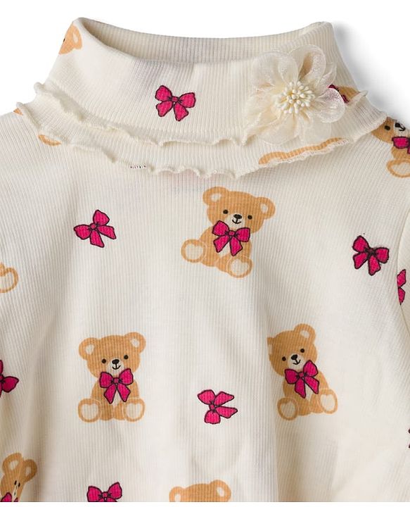 Babyhug Knitted Full Sleeves Turtle Neck Winter T-Shirt With Teddy Bear Print - Beige