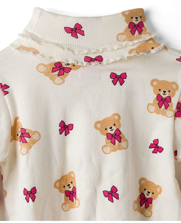 Babyhug Knitted Full Sleeves Turtle Neck Winter T-Shirt With Teddy Bear Print - Beige