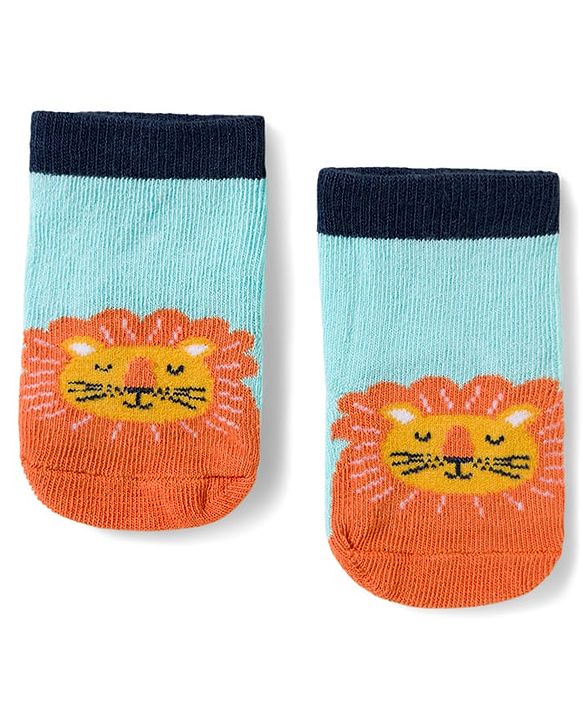 Cute Walk by Babyhug Knit Ankle Length Antibacterial Socks With Stripes & Animal Design Pack Of 3 - Light Blue & Orange