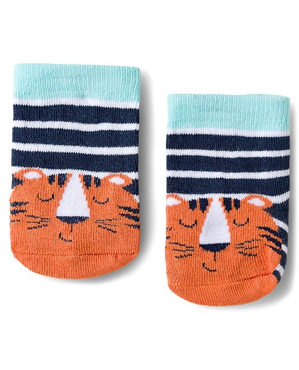 Cute Walk by Babyhug Knit Ankle Length Antibacterial Socks With Stripes & Animal Design Pack Of 3 - Light Blue & Orange
