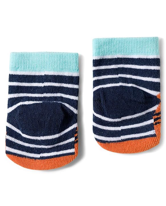 Cute Walk by Babyhug Knit Ankle Length Antibacterial Socks With Stripes & Animal Design Pack Of 3 - Light Blue & Orange
