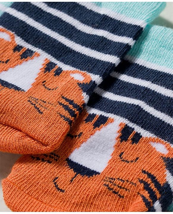 Cute Walk by Babyhug Knit Ankle Length Antibacterial Socks With Stripes & Animal Design Pack Of 3 - Light Blue & Orange