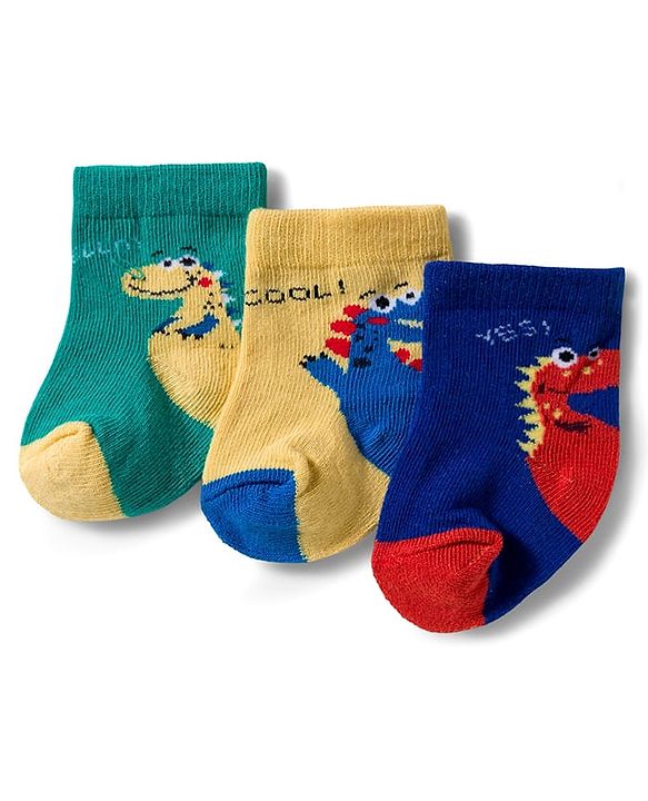 Cute Walk by Babyhug Knit Ankle Length Antibacterial Socks With Dino Print Pack Of 3 - Navy Blue & Yellow