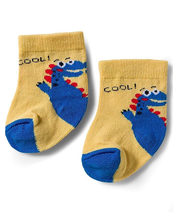 Cute Walk by Babyhug Knit Ankle Length Antibacterial Socks With Dino Print Pack Of 3 - Navy Blue & Yellow
