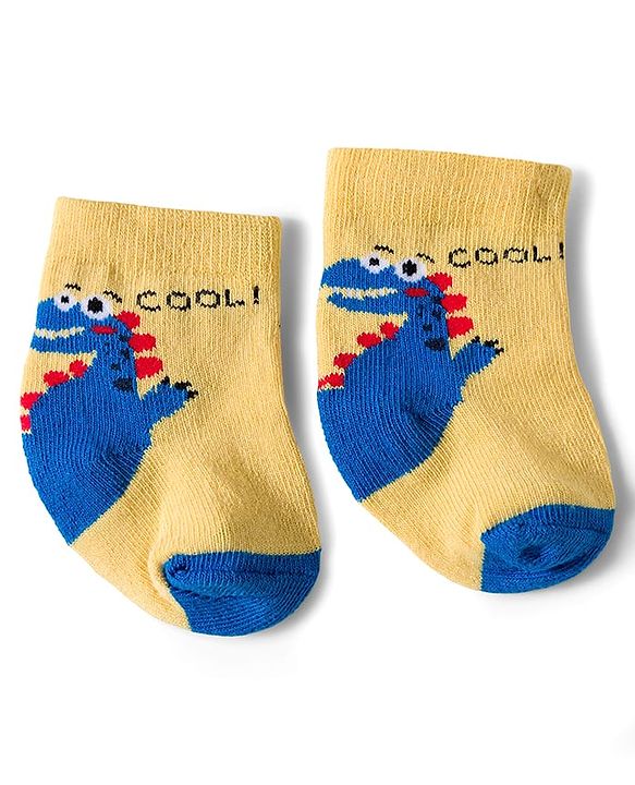 Cute Walk by Babyhug Knit Ankle Length Antibacterial Socks With Dino Print Pack Of 3 - Navy Blue & Yellow