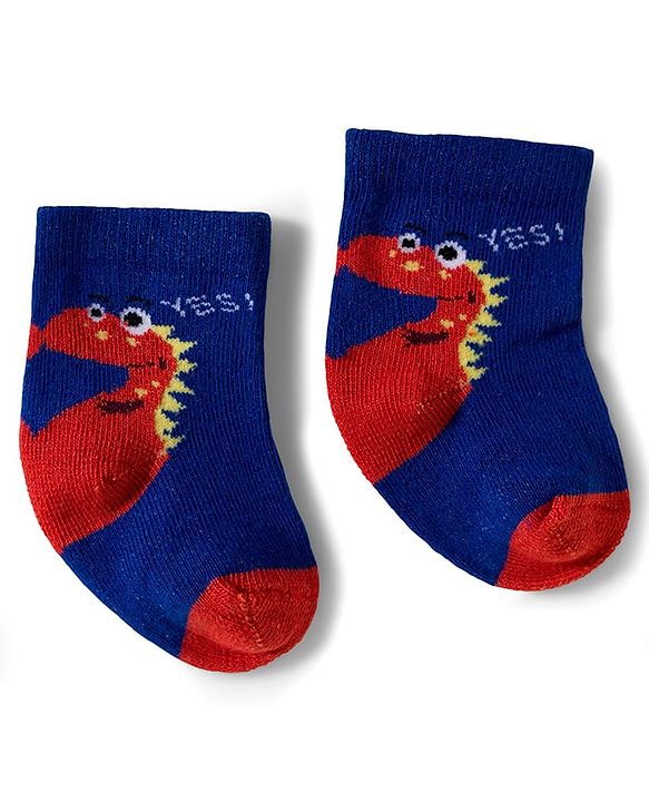 Cute Walk by Babyhug Knit Ankle Length Antibacterial Socks With Dino Print Pack Of 3 - Navy Blue & Yellow