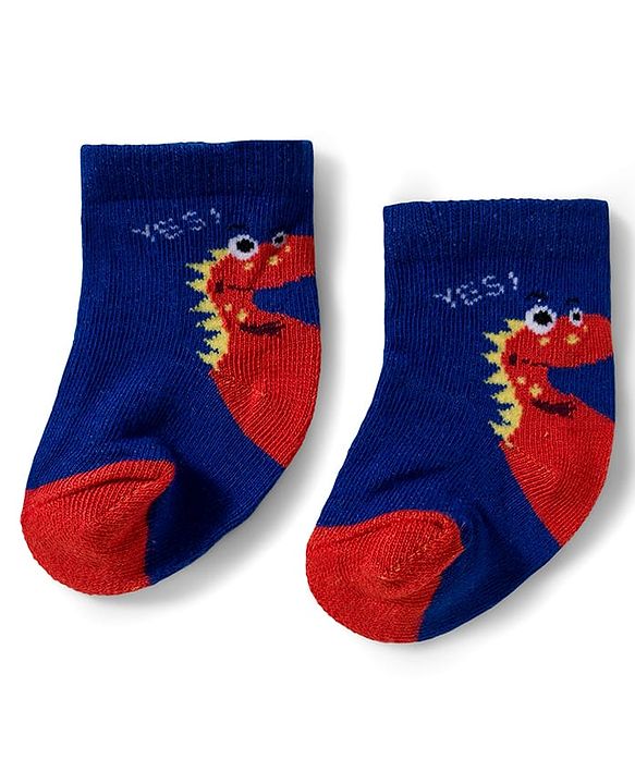 Cute Walk by Babyhug Knit Ankle Length Antibacterial Socks With Dino Print Pack Of 3 - Navy Blue & Yellow