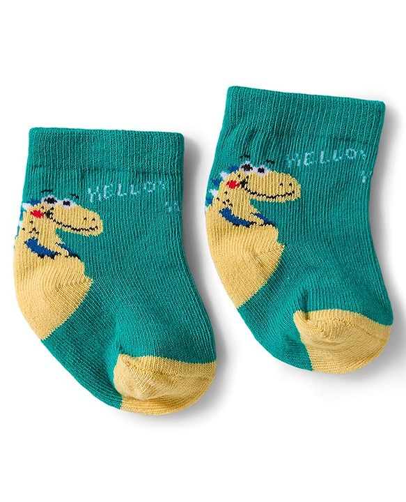 Cute Walk by Babyhug Knit Ankle Length Antibacterial Socks With Dino Print Pack Of 3 - Navy Blue & Yellow