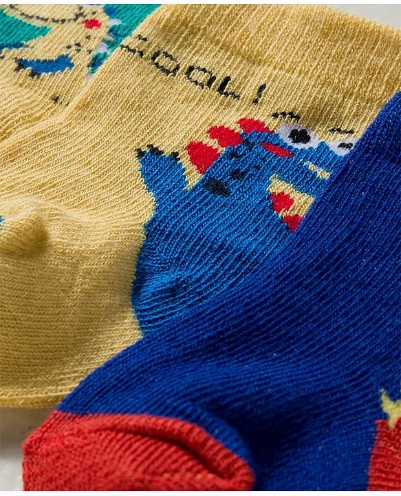 Cute Walk by Babyhug Knit Ankle Length Antibacterial Socks With Dino Print Pack Of 3 - Navy Blue & Yellow