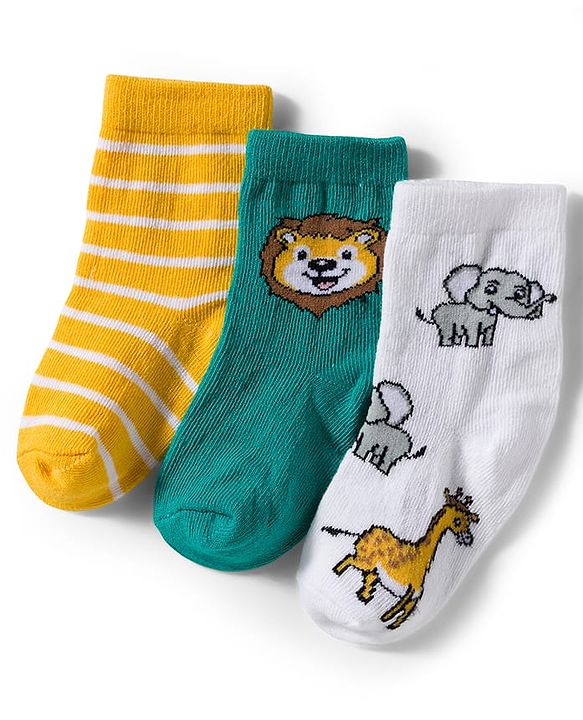 Cute Walk by Babyhug Knit Ankle Length Antibacterial Socks With Animal Print Pack Of 3 - Green & Yellow