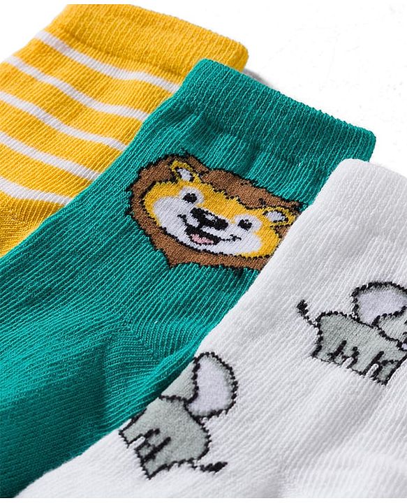 Cute Walk by Babyhug Knit Ankle Length Antibacterial Socks With Animal Print Pack Of 3 - Green & Yellow