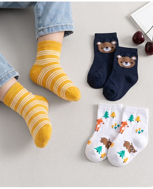 Cute Walk by Babyhug Knit Ankle Length Antibacterial Socks With Stripes & Animal Print Pack Of 3 - Yellow & White