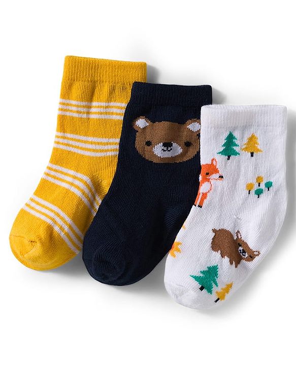 Cute Walk by Babyhug Knit Ankle Length Antibacterial Socks With Stripes & Animal Print Pack Of 3 - Yellow & White