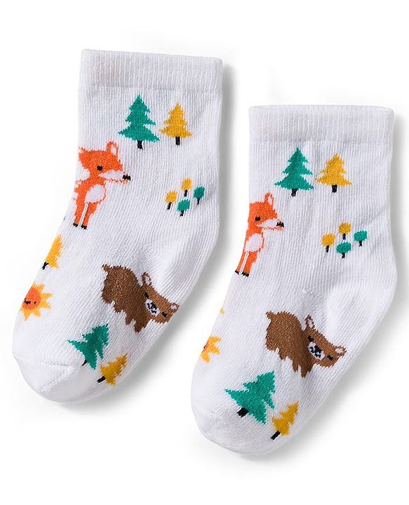 Cute Walk by Babyhug Knit Ankle Length Antibacterial Socks With Stripes & Animal Print Pack Of 3 - Yellow & White