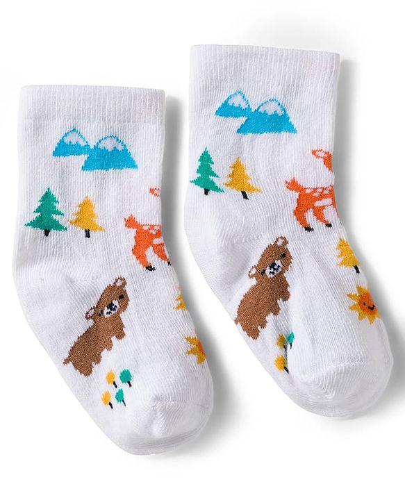 Cute Walk by Babyhug Knit Ankle Length Antibacterial Socks With Stripes & Animal Print Pack Of 3 - Yellow & White