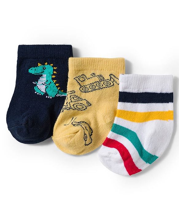Cute Walk by Babyhug Knit Ankle Length Antibacterial Socks With Dino & Vehicle Print Pack Of 3 - Yellow & White