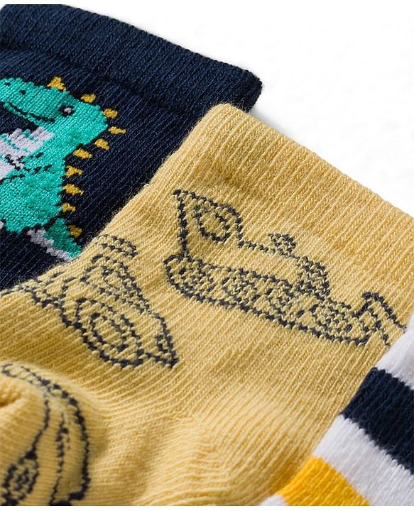 Cute Walk by Babyhug Knit Ankle Length Antibacterial Socks With Dino & Vehicle Print Pack Of 3 - Yellow & White