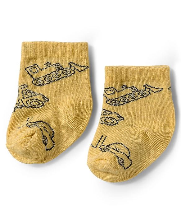 Cute Walk by Babyhug Knit Ankle Length Antibacterial Socks With Dino & Vehicle Print Pack Of 3 - Yellow & White