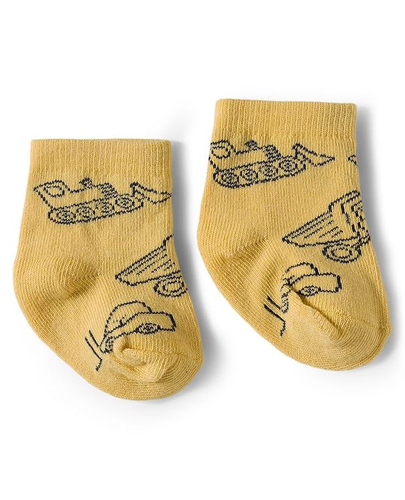 Cute Walk by Babyhug Knit Ankle Length Antibacterial Socks With Dino & Vehicle Print Pack Of 3 - Yellow & White