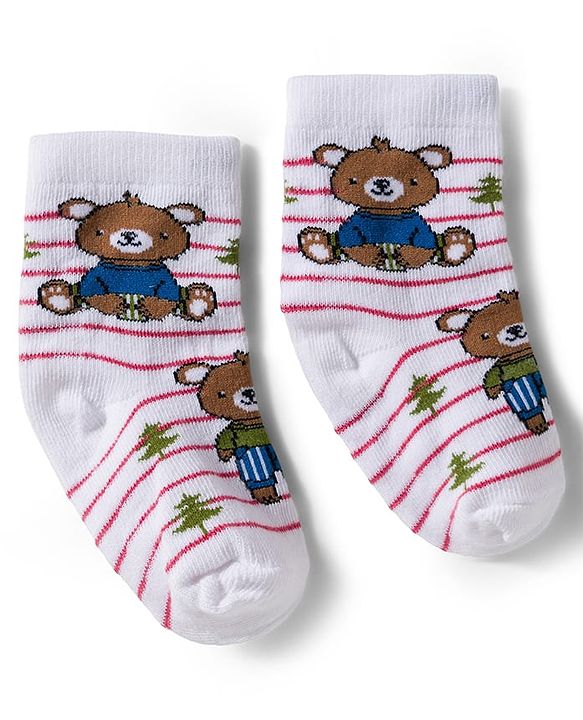 Cute Walk by Babyhug Knit Ankle Length Anti Bacterial Socks With Animal Design Pack Of 3 - White Blue & Dark Pink