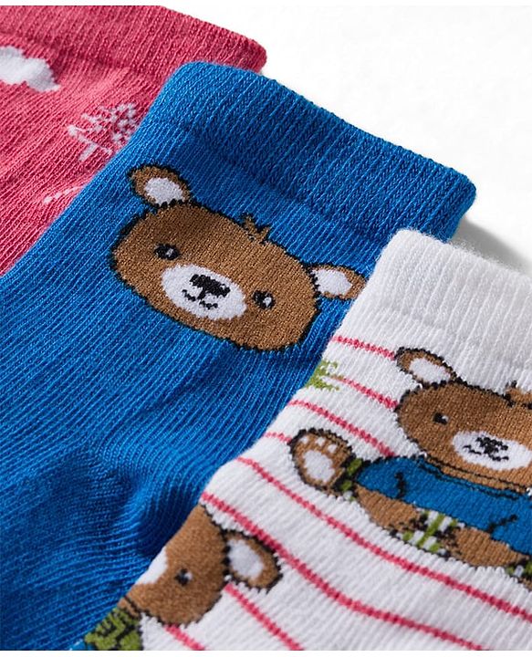 Cute Walk by Babyhug Knit Ankle Length Anti Bacterial Socks With Animal Design Pack Of 3 - White Blue & Dark Pink