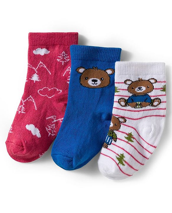 Cute Walk by Babyhug Knit Ankle Length Anti Bacterial Socks With Animal Design Pack Of 3 - White Blue & Dark Pink